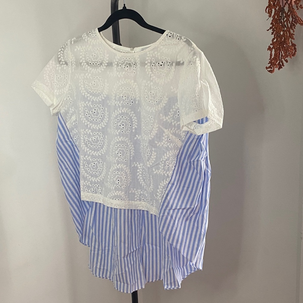 English Factory White and Blue Striped Lace Top